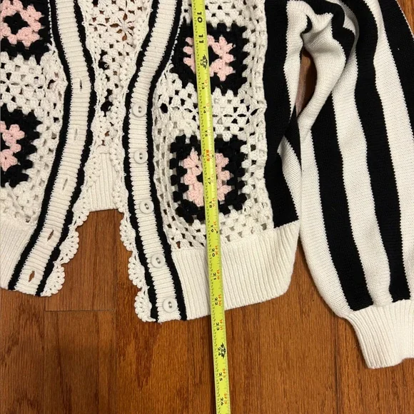 Anne Fontaine Black and Cream Crochet Cardigan Black White Pink Knit Size M